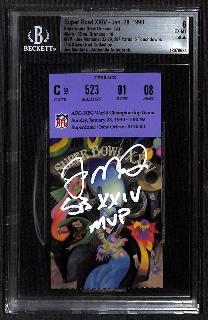 Joe Montana Signed Super Bowl XXIV Ticket Inscribed SB XXIV MVP Beckett EX-MT 6: Joe Montana Signed Super Bowl XXIV Ticket Inscribed SB XXIV MVP Beckett EX-MT 6 This exceptional Super Bowl XXIV ticket stub is personally signed by legendary San Francisco 49ers quarterback Joe Monta