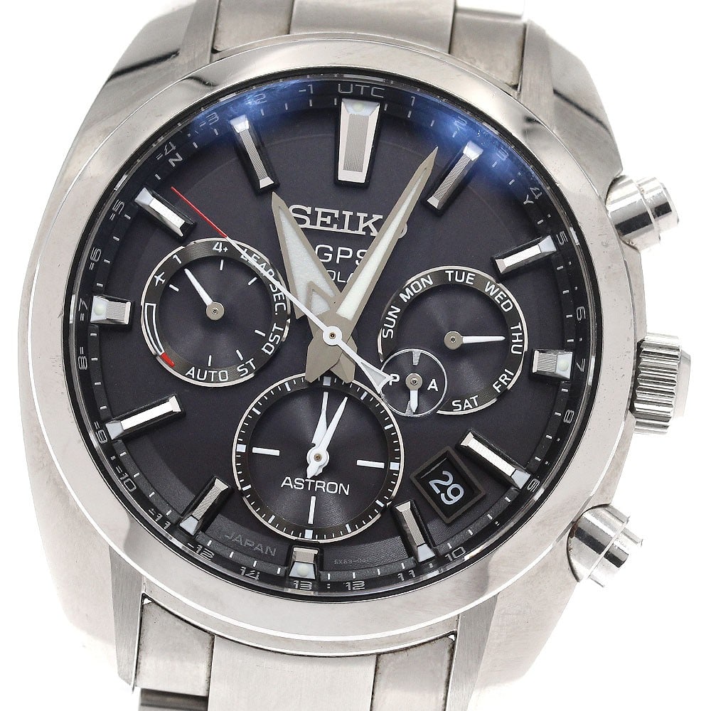 Seiko Astron Solar Radio Controlled Chronograph Men's Wristwatch: Seiko Astron Solar Radio Controlled Chronograph Men's Wristwatch This Seiko Astron SBXC021/5X53-0AJ0 is a men's wristwatch featuring a stainless steel case and band with a black dial. The watch is pow