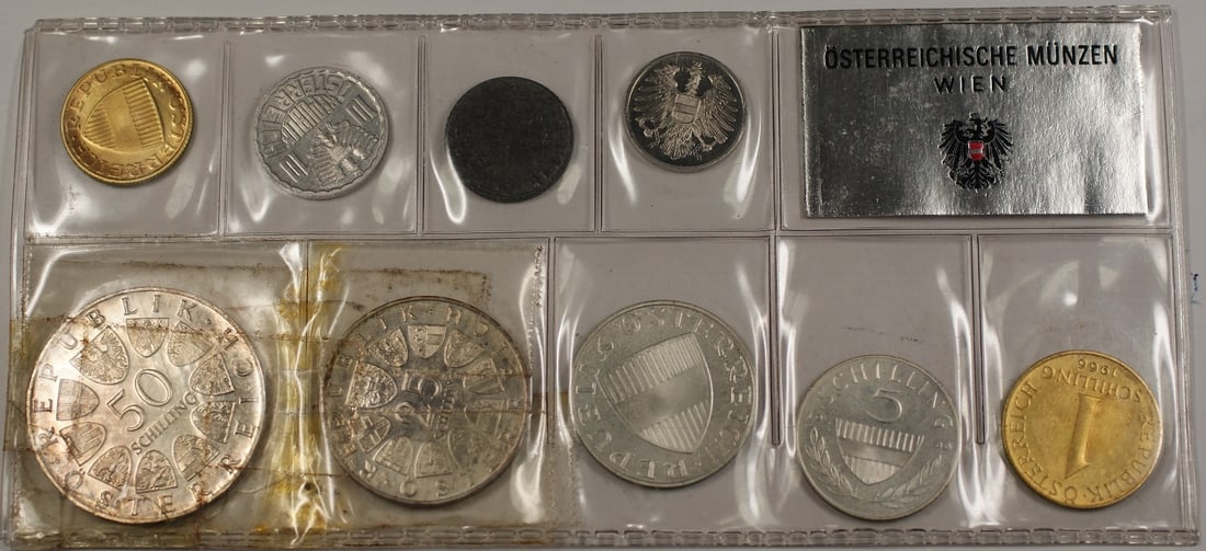 Austrian 1966 Mint Coin Set 9 Pieces 5 Silver: Austrian 1966 Mint Coin Set 9 Pieces 5 Silver This is a 1966 Austrian Mint Set containing 9 coins, with 5 of them made of silver. The coins are from Austria and are presented in uncirculated condition