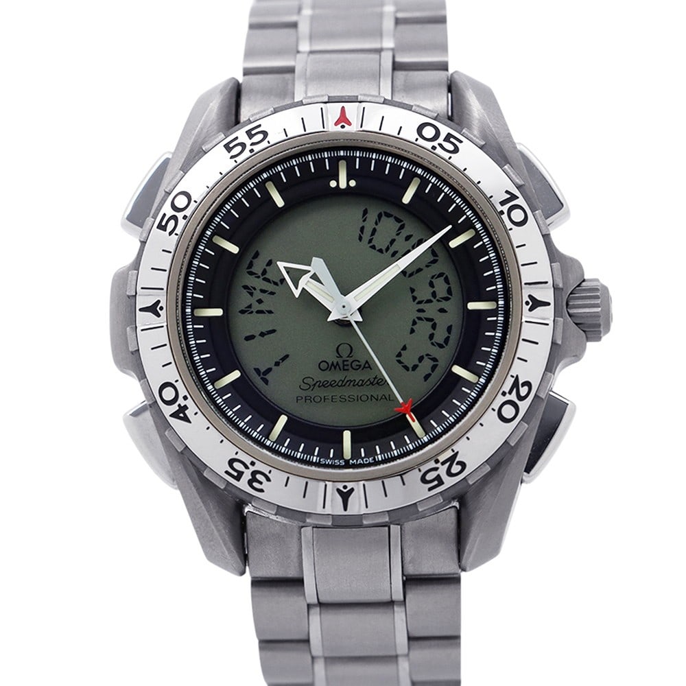 Omega X-33 Titanium Quartz Chronograph GMT Alarm Watch: Omega X-33 Titanium Quartz Chronograph GMT Alarm Watch This OMEGA Speedmaster X-33 3291.50.00 is a men's wristwatch featuring a black dial and a titanium case. The watch is powered by a quartz movemen