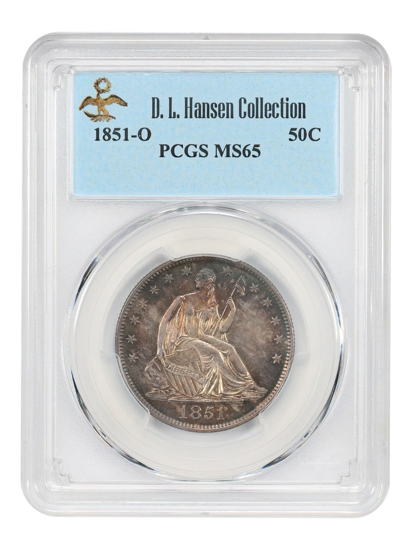 PCGS MS65 1851-O Liberty Seated Half Dollar 50C ex D.L. Hansen: PCGS MS65 1851-O Liberty Seated Half Dollar 50C ex D.L. Hansen An 1851-O Liberty Seated Half Dollar graded PCGS MS65. This Uncirculated 50C coin was struck at the New Orleans Mint and is described as 