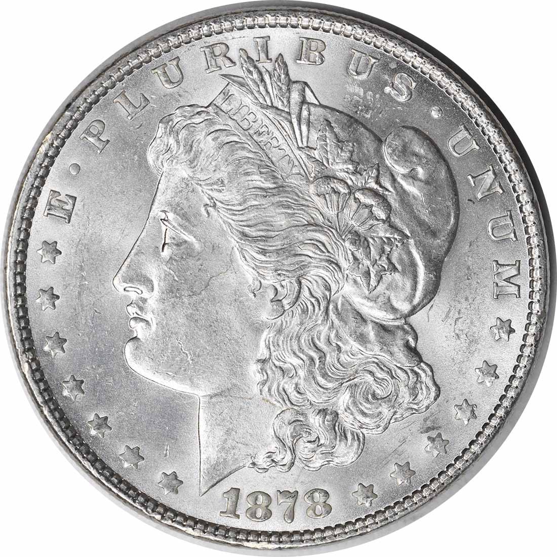Uncirculated 1878 Morgan Dollar 7 Tail Feathers Reverse Silver Choice BU: Uncirculated 1878 Morgan Dollar 7 Tail Feathers Reverse Silver Choice BU This is a 1878 Morgan Silver Dollar featuring the 7 Tail Feathers Reverse of 1878. The coin is uncirculated and in Choice Brill