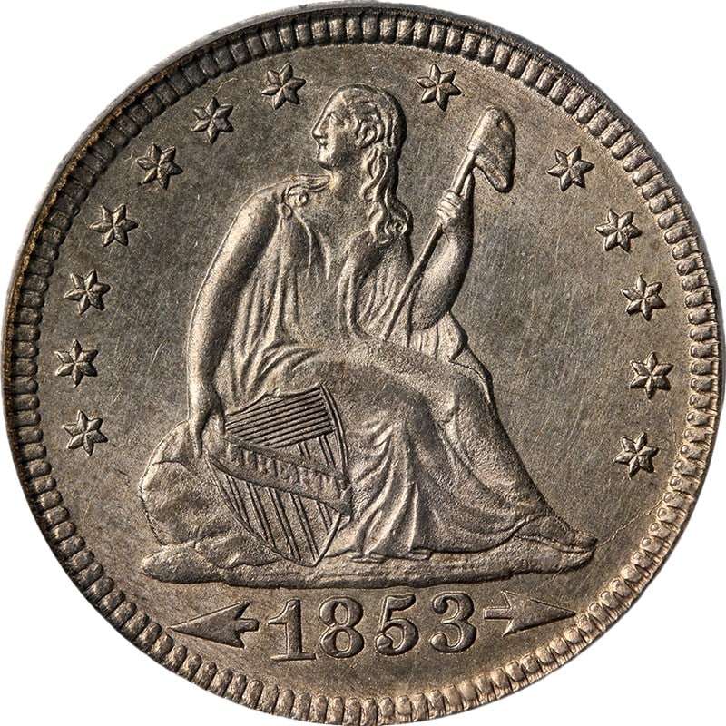 ICG MS60 Details 1853 P Seated Liberty Quarter Arrows and Rays Silver: ICG MS60 Details 1853 P Seated Liberty Quarter Arrows and Rays Silver 1853-P Seated Liberty Quarter with Arrows & Rays, certified by ICG and graded MS60 Details. This uncirculated silver coin has nice
