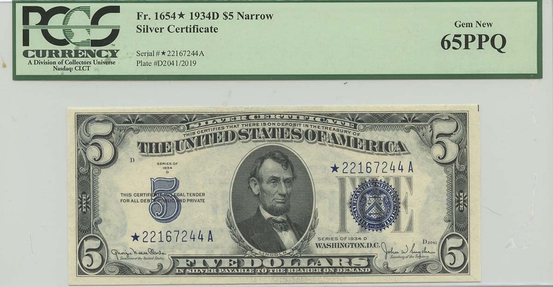 1934D $5 Silver Certificate FR#1654* PCGS 65 Gem Uncirculated Star Note: 1934D $5 Silver Certificate FR#1654* PCGS 65 Gem Uncirculated Star Note This 1934D $5 Silver Certificate, designated as FR#1654*, is graded MS65 by PCGS Currency and is a remarkable example of uncircu