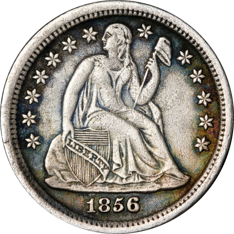 1856 O Silver Seated Liberty 10 Cent Coin: 1856 O Silver Seated Liberty 10 Cent Coin This is an 1856-O Seated Liberty Dime from the United States. Composed of silver with a fineness of 0.9, this coin was minted in New Orleans and is in circula