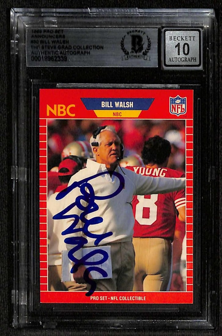 1989 Pro Set Bill Walsh autographed Beckett 10 card: 1989 Pro Set Bill Walsh autographed Beckett 10 card This 1989 Pro Set football trading card features a hand-signed autograph from Hall of Fame coach Bill Walsh, known for his leadership of the San Fra