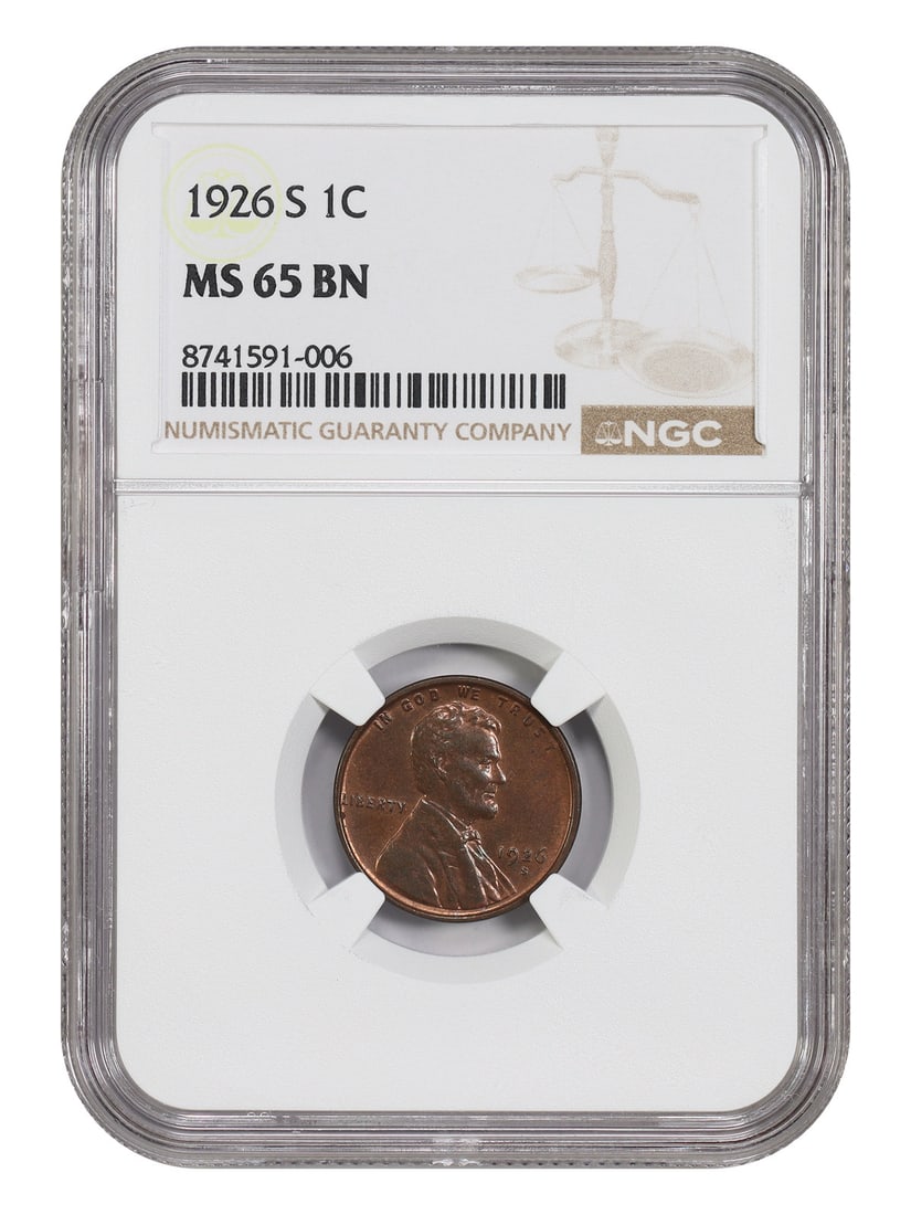 NGC MS65BN 1926-S Lincoln Wheat Cent 1C Semi-Key Date: NGC MS65BN 1926-S Lincoln Wheat Cent 1C Semi-Key Date 1926-S Lincoln Cent (Wheat Reverse) graded MS65BN by NGC. This uncirculated San Francisco Mint cent is a lower mintage example with lustrous gem s