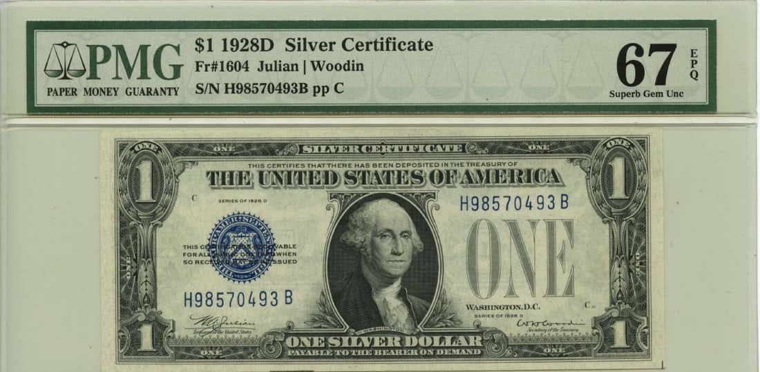 Fr 1604 1928D $1 Blue Seal Silver Certificate PMG Graded 67 EPQ: Fr 1604 1928D $1 Blue Seal Silver Certificate PMG Graded 67 EPQ This 1928D $1 Silver Certificate features a blue seal and is designated as Fr# 1604. Professionally certified by PMG with a superb grade