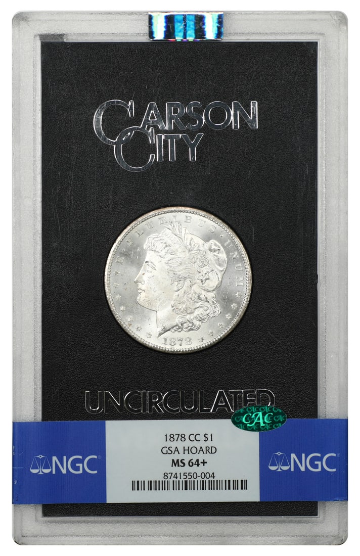 1878 Carson City Morgan Dollar $1 NGC MS64+ CAC GSA Case: 1878 Carson City Morgan Dollar $1 NGC MS64+ CAC GSA Case An 1878-CC Morgan Dollar $1, housed in the original hard case and certified by NGC. The coin is endorsed by CAC and carries an NGC Plus grade o