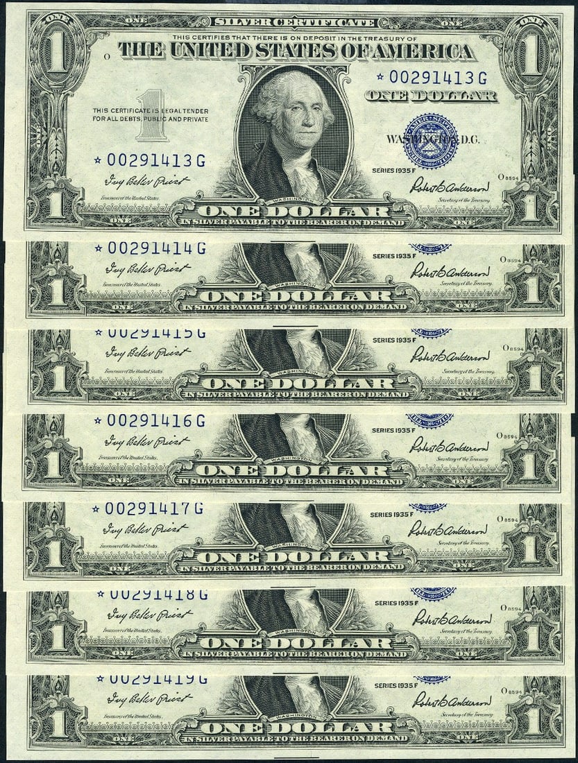 Seven Consecutive 1935-F Star $1 Silver Certificates CU+ G Block (1 of 2)