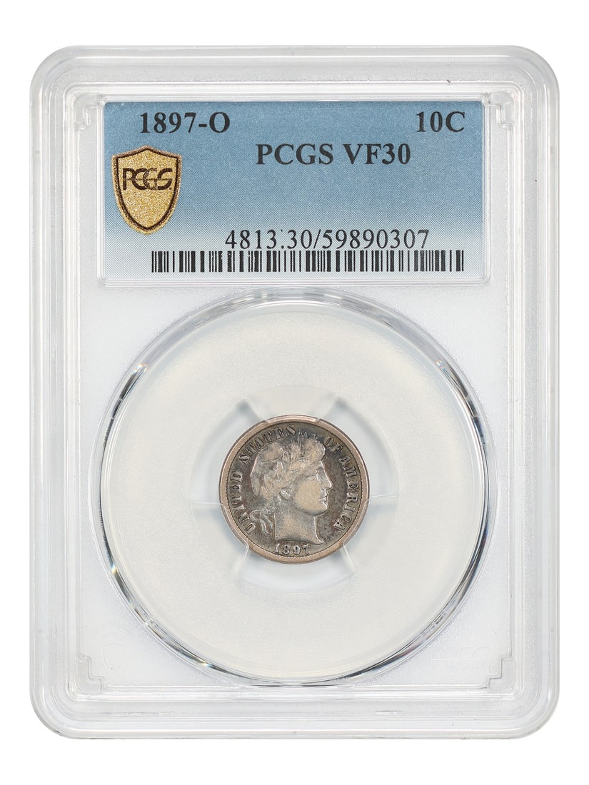 PCGS VF30 1897-O Barber Dime 10C: PCGS VF30 1897-O Barber Dime 10C 1897-O Barber Dime, denomination 10C, minted in New Orleans. This circulated coin is certified by PCGS and graded VF30, with certification number 59890307. Condition: 