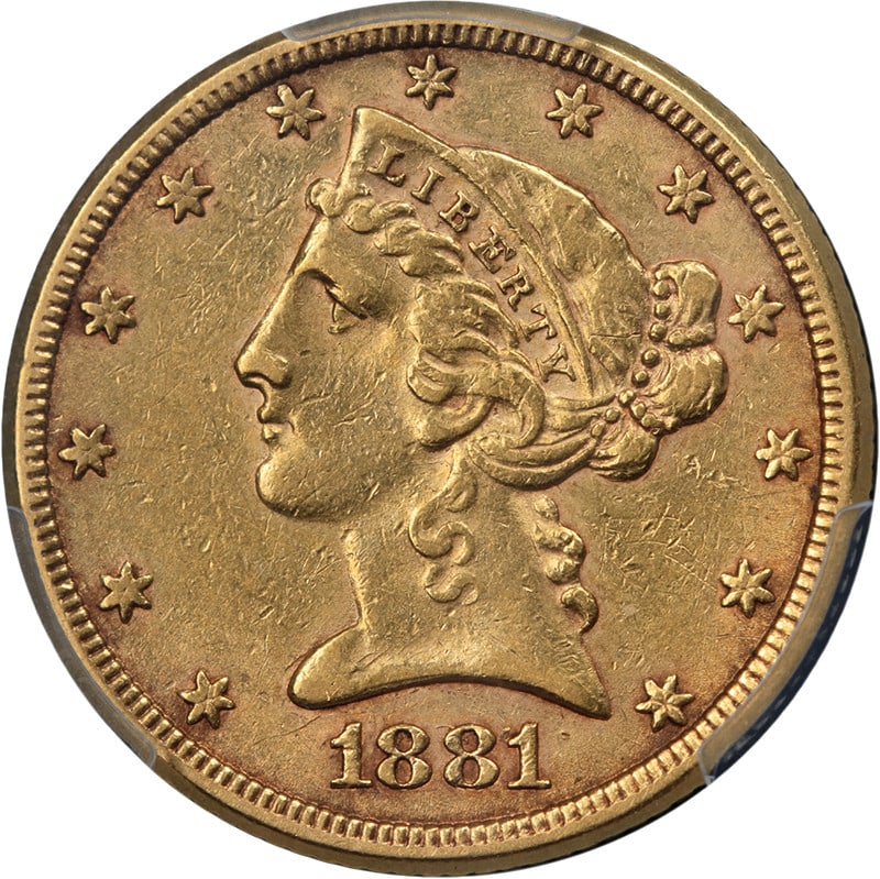 PCGS AU53 1881-P Liberty Head $5 Gold RPD FS-304: PCGS AU53 1881-P Liberty Head $5 Gold RPD FS-304 This 1881-P Liberty Gold $5 coin features a widely re-cut date and is graded AU53 by PCGS. It offers attractive eye appeal, with notable luster, color,