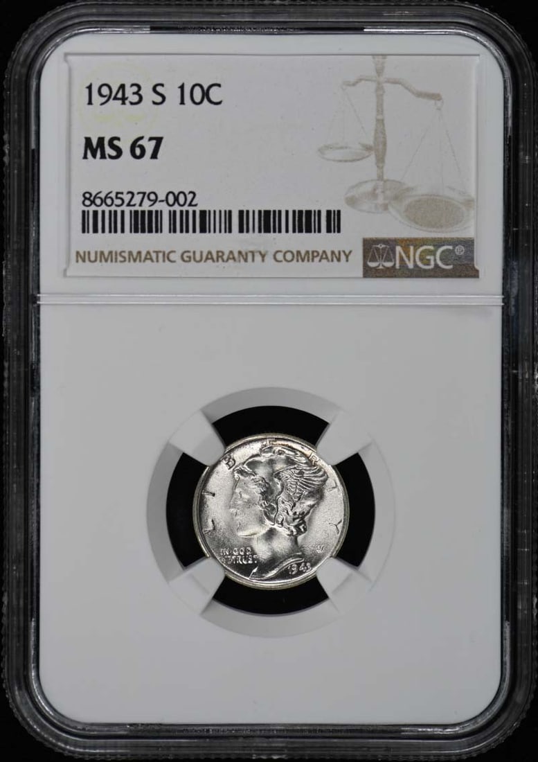 1943-S Mercury Dime 10C NGC MS67 Uncirculated Coin: 1943-S Mercury Dime 10C NGC MS67 Uncirculated Coin This 1943-S Mercury Dime is a stunning example of numismatic excellence, graded MS67 by NGC, ensuring its quality and preservation as uncirculated. M