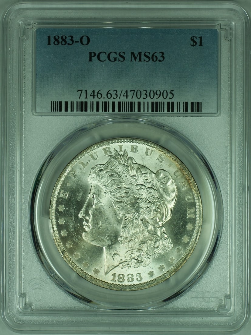 PCGS MS-63 1883-O Silver Morgan Dollar New Orleans Mint Certified $1 Coin: PCGS MS-63 1883-O Silver Morgan Dollar New Orleans Mint Certified $1 Coin This is an un-used 1883-O Morgan Silver Dollar coin graded MS-63 by PCGS. Minted in New Orleans, this $1 denomination coin is 