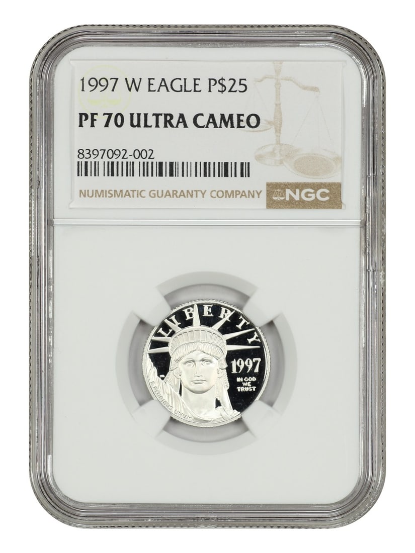 NGC PR70DCAM 1997-W $25 Platinum Eagles Statue of Liberty Coin: NGC PR70DCAM 1997-W $25 Platinum Eagles Statue of Liberty Coin 1997-W $25 Statue of Liberty Platinum Eagle in NGC PR70DCAM grade. This uncirculated coin is certified by NGC and attributed to the Plati