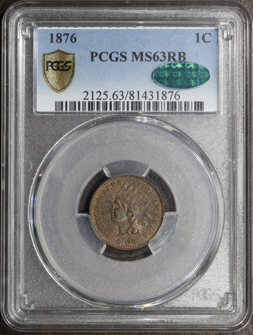 PCGS MS63RB CAC 1876 Indian Head Small Cent 1C: PCGS MS63RB CAC 1876 Indian Head Small Cent 1C 1876 Indian Head Cent graded MS63RB by PCGS with CAC approval. This pre-owned Small Cent is composed of copper and was minted in Philadelphia, United Sta
