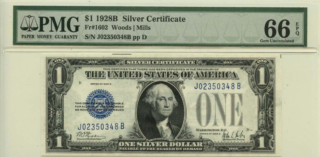 1928B $1 Silver Certificate PMG Gem 66 Blue Seal FR# 1602: 1928B $1 Silver Certificate PMG Gem 66 Blue Seal FR# 1602 This 1928B $1 Silver Certificate features a striking blue seal and is designated as FR# 1602. Graded by PMG at Gem 66 EPQ, this note is uncirc
