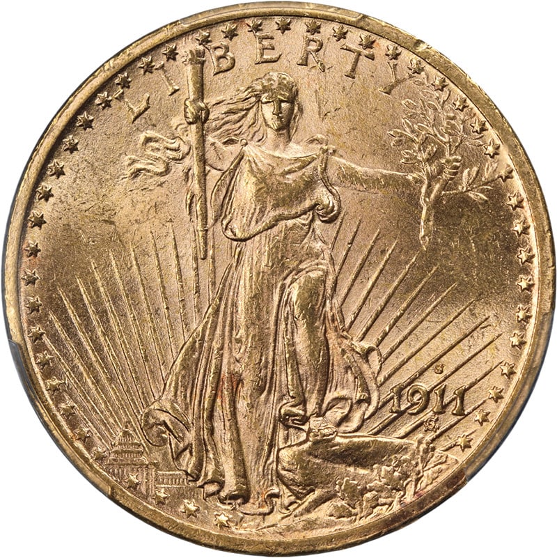 PCGS MS63 1911-S Saint-Gaudens $20 Gold Coin United States: PCGS MS63 1911-S Saint-Gaudens $20 Gold Coin United States This original 1911-S Saint-Gaudens Gold $20 coin is graded PCGS MS63. It is uncirculated, featuring a strong strike, excellent luster, and su