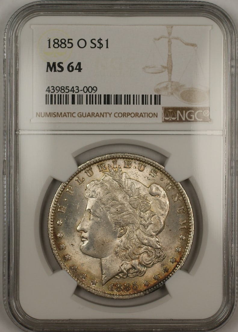 NGC MS-64 Toned 1885-O Morgan Silver Dollar Uncirculated New Orleans Mint: NGC MS-64 Toned 1885-O Morgan Silver Dollar Uncirculated New Orleans Mint This 1885-O Morgan Silver Dollar features the New Orleans mint mark and is certified by NGC with a grade of MS 64. The coin is