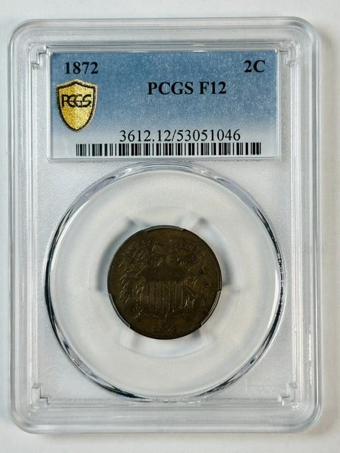 1872 Philadelphia Copper Cent PCGS F12 BN: 1872 Philadelphia Copper Cent PCGS F12 BN This 1872 two cent piece is composed of copper and has been graded F 12 by PCGS. Minted in Philadelphia, it is a pre-owned coin from the United States, offeri