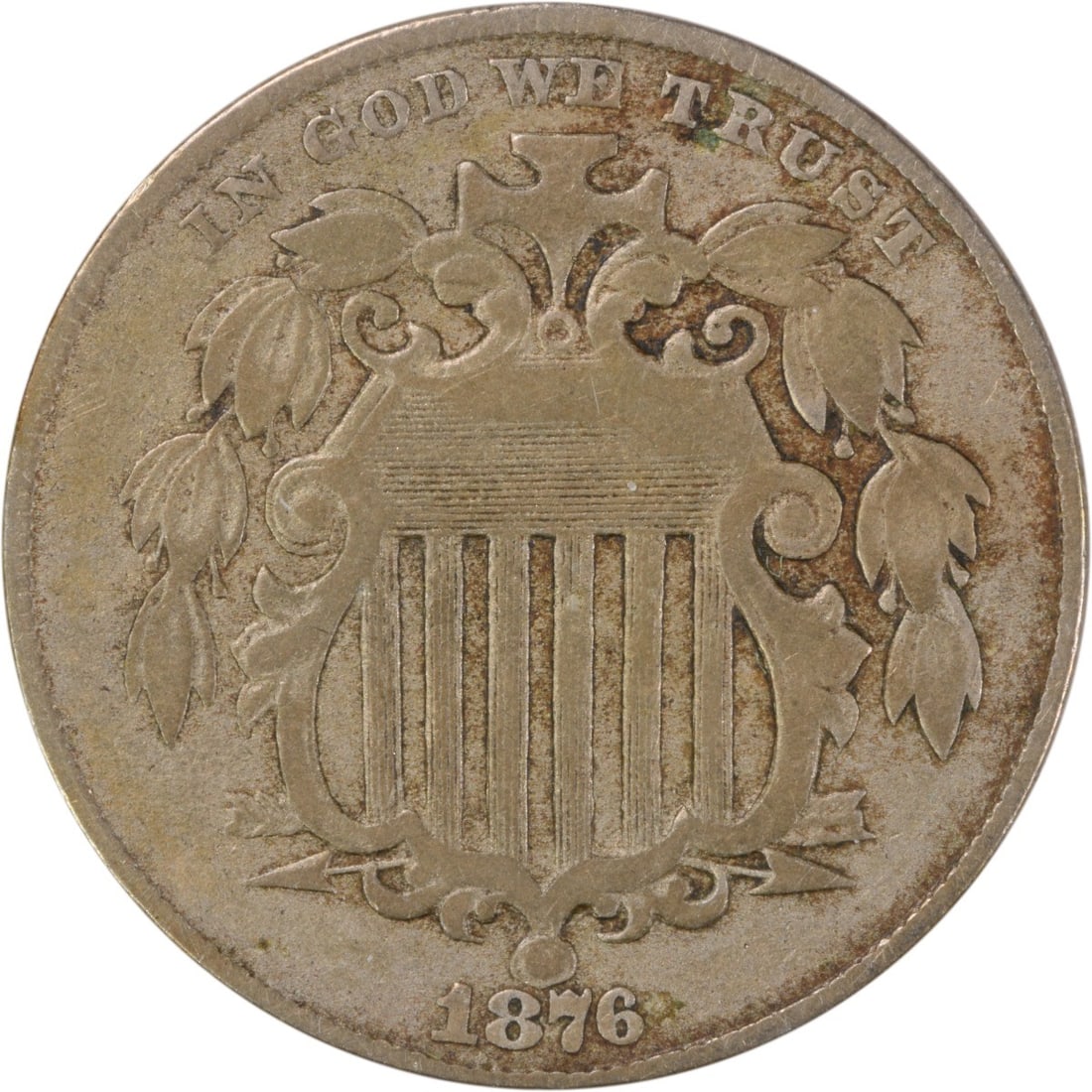 1876 5C Shield Nickel VF Philadelphia Uncertified: 1876 5C Shield Nickel VF Philadelphia Uncertified This is an 1876 Shield Nickel in VF grade and uncertified condition. It is a circulated United States 5-cent coin from the Philadelphia mint, designed
