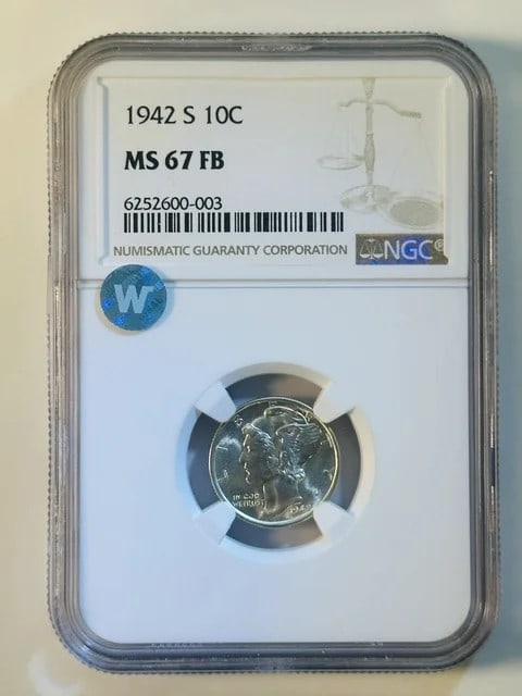 San Francisco 1942 Mercury Dime NGC MS 67 FB: San Francisco 1942 Mercury Dime NGC MS 67 FB This 1942 Mercury Dime is composed of silver and graded MS-67 FB by NGC. Minted in San Francisco, this pre-owned coin is a well-preserved example from the 