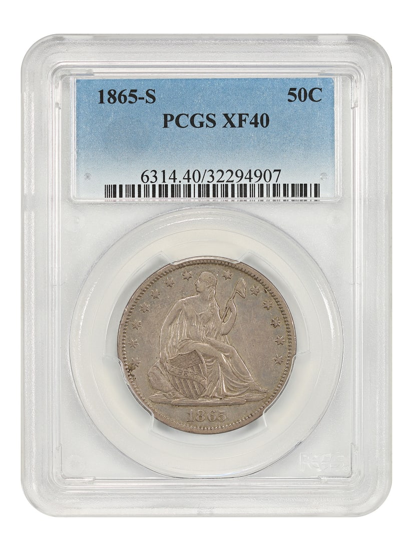 PCGS XF40 1865-S Liberty Seated Half Dollar 50C: PCGS XF40 1865-S Liberty Seated Half Dollar 50C 1865-S Liberty Seated Half Dollar, denomination 50C, minted in San Francisco and graded XF40 by PCGS. The coin is circulated and pre-owned, with certifi