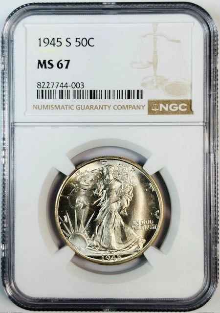 NGC Certified 1945 San Francisco Silver Walking Liberty Half Dollar MS 67: NGC Certified 1945 San Francisco Silver Walking Liberty Half Dollar MS 67 This 1945 S Walking Liberty Half Dollar is graded MS 67 by NGC and features excellent luster. Struck in silver at the San Fran