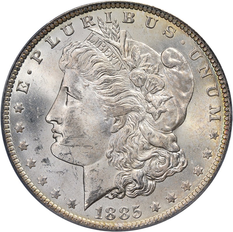 ICG MS64 1885-O Morgan Silver Dollar Uncirculated with Attractive Luster: ICG MS64 1885-O Morgan Silver Dollar Uncirculated with Attractive Luster This original 1885-O Morgan Silver Dollar is certified by ICG with a grade of MS64. It features exceptional luster, strong stri