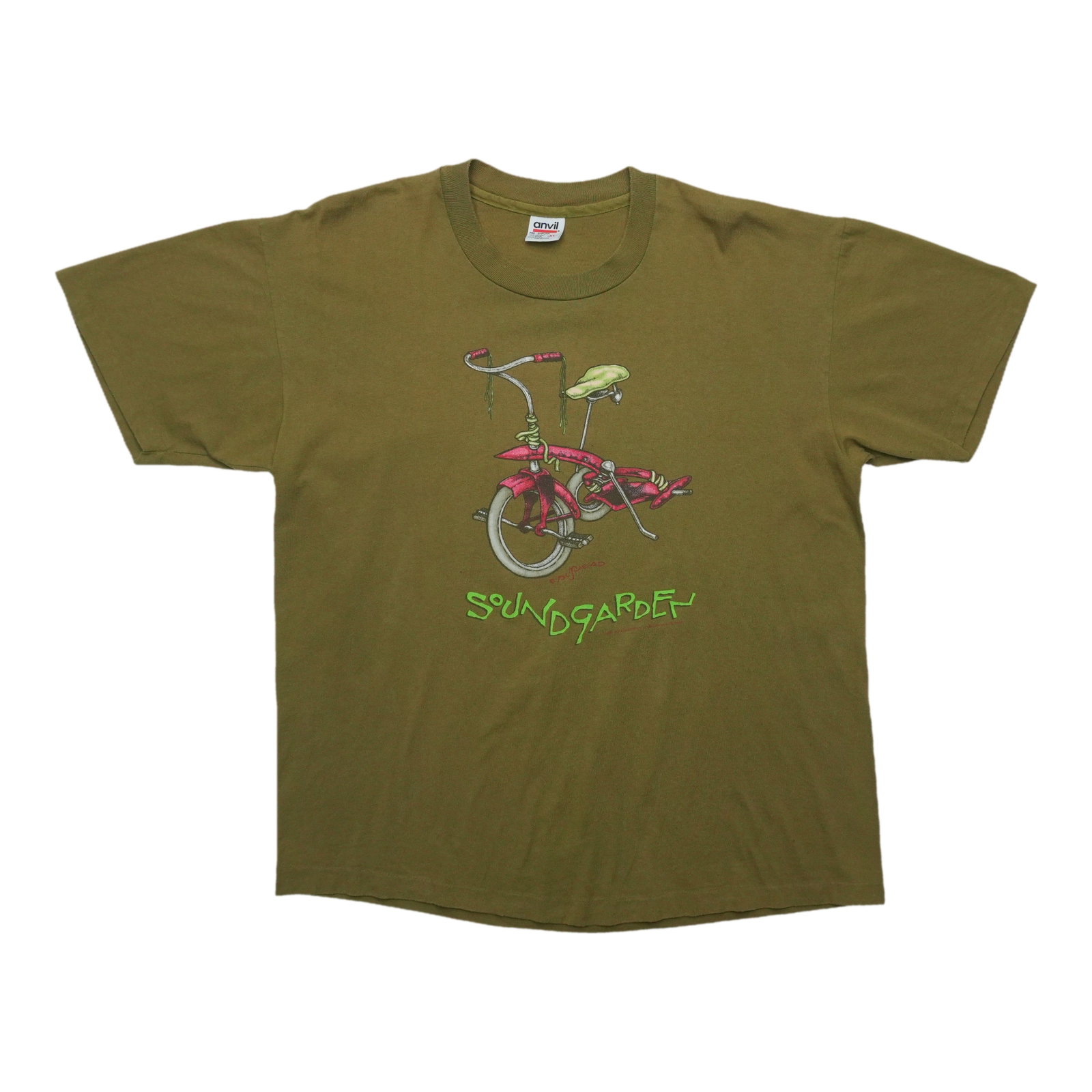 Vintage 1994 Soundgarden Green Cotton Graphic Shirt XL: Vintage 1994 Soundgarden Green Cotton Graphic Shirt XL This is an original vintage 1994 Soundgarden "Bicycle Come Stand Me Up" shirt featuring front and back graphics. Made from 100% cotton, this gree