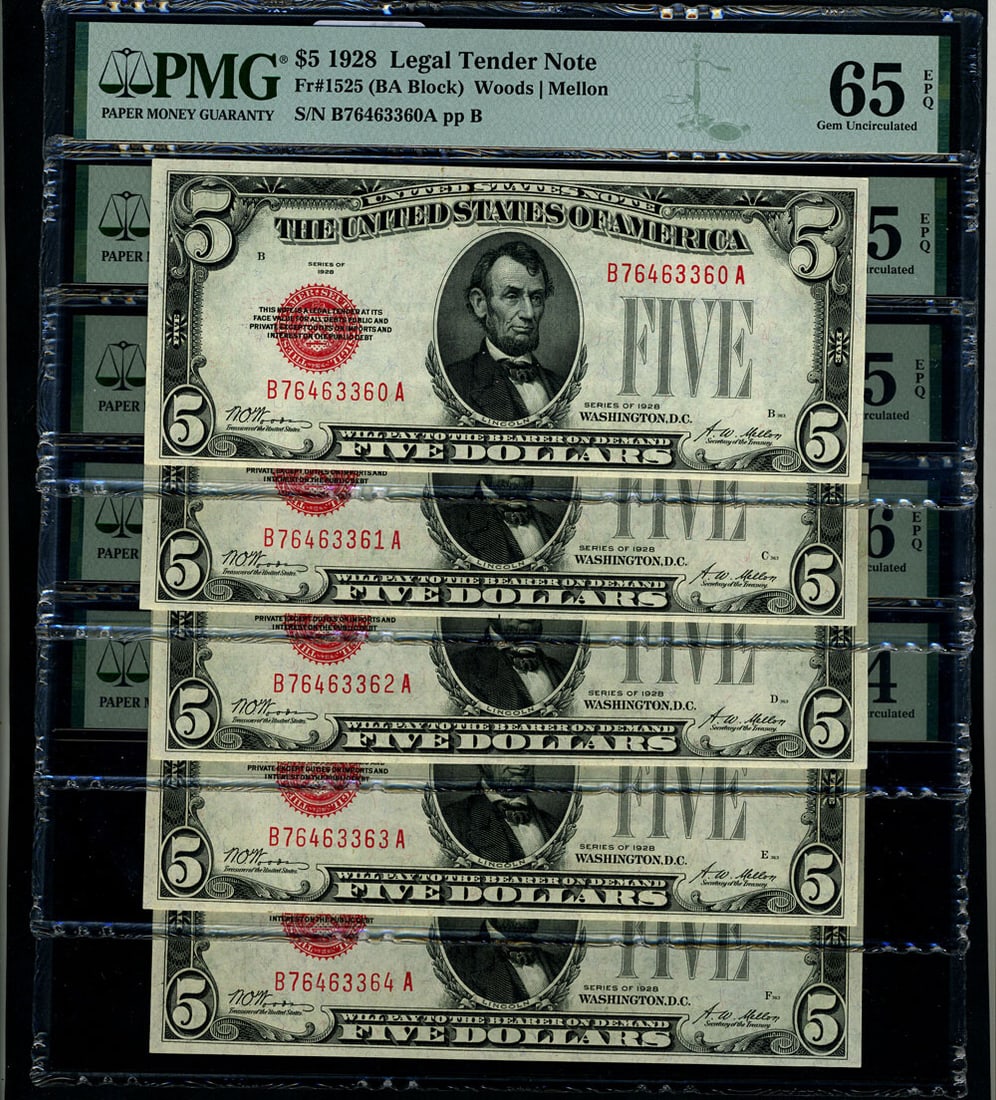 1928 $5 Legal Tender Gem PMG CU64 EPQ 5 Consecutive Notes (1 of 2)