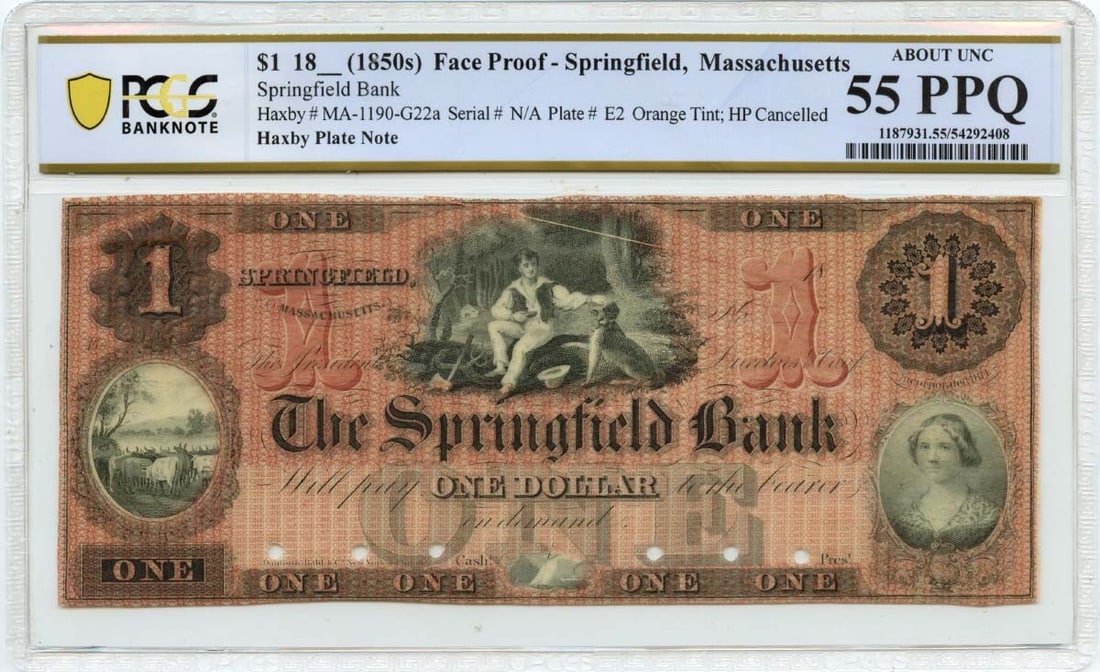 1850s Springfield Massachusetts $1 Obsolete Banknote PCGS AU55 PPQ (1 of 2)