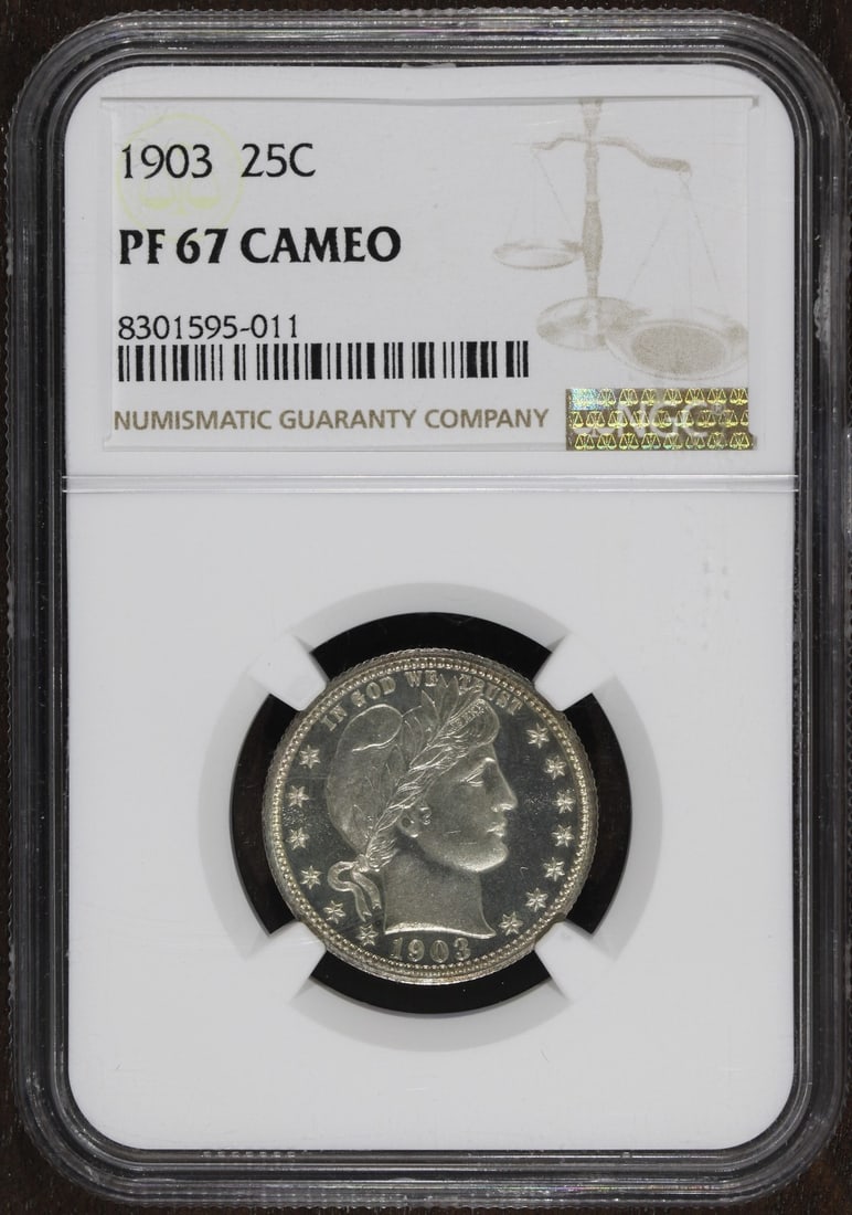 1903 Barber Proof Quarter NGC PF67 Cameo Silver 25C: 1903 Barber Proof Quarter NGC PF67 Cameo Silver 25C This 1903 Barber Quarter is a proof strike coin graded PF67 Cameo by NGC. Minted in Philadelphia, it is composed of 90% silver and features the clas
