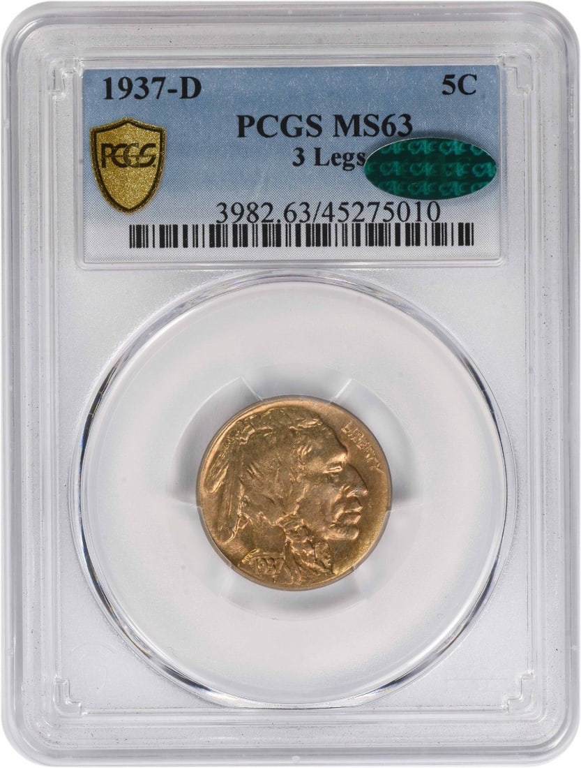 PCGS CAC MS63 1937 D Three Legged Buffalo Nickel: PCGS CAC MS63 1937 D Three Legged Buffalo Nickel This is a 1937-D Buffalo Nickel featuring the rare 3 Legs variety, graded MS63 by PCGS and bearing the CAC designation. Struck at the Denver Mint, this