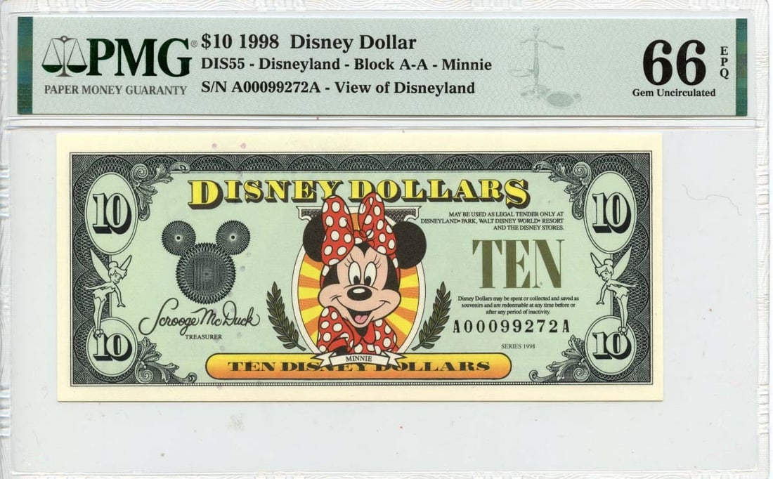 PMG MS66 Minnie Mouse $10 Disney Dollar from 1998 Disneyland (1 of 2)