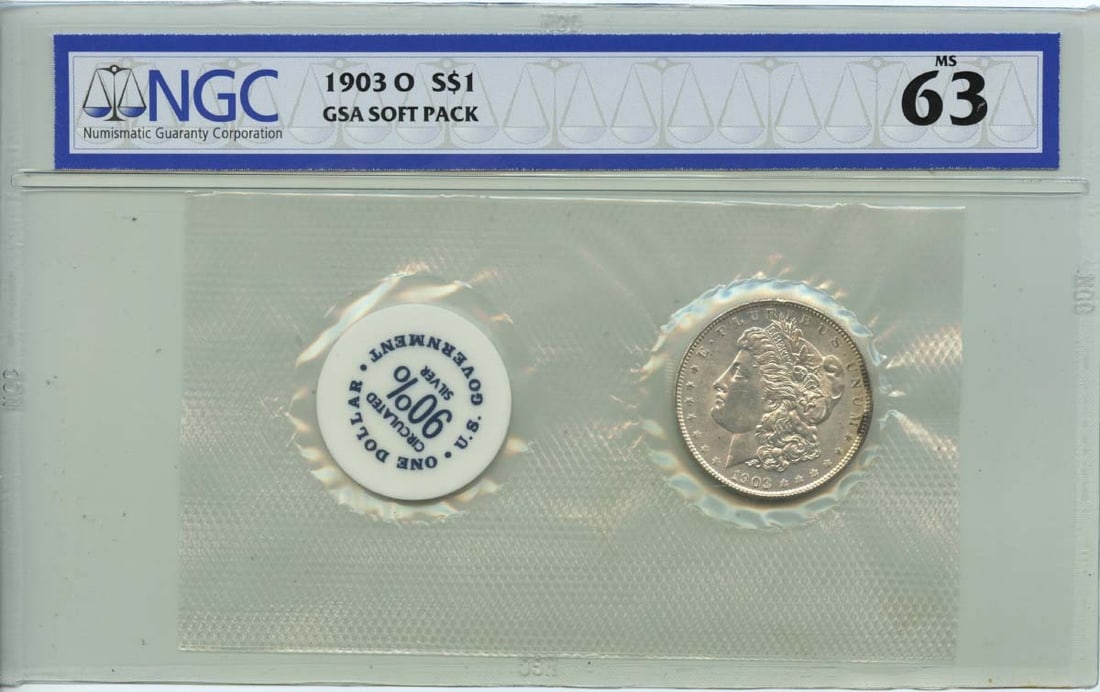NGC MS63 1903-O Morgan Silver Dollar GSA Soft Pack: NGC MS63 1903-O Morgan Silver Dollar GSA Soft Pack This 1903-O Morgan Dollar is a certified uncirculated coin graded MS63 by NGC. Minted in New Orleans, it is presented in a GSA soft pack and remains 