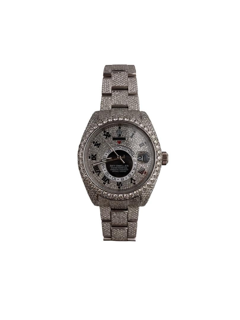 Rolex Sky Dweller Mens Watch 326139 Aftermarket Diamond Roman Dial Oyster: Rolex Sky Dweller Mens Watch 326139 Aftermarket Diamond Roman Dial Oyster This Rolex Sky Dweller features an aftermarket diamond Roman numeral dial and an aftermarket diamond bezel. The watch is fitte