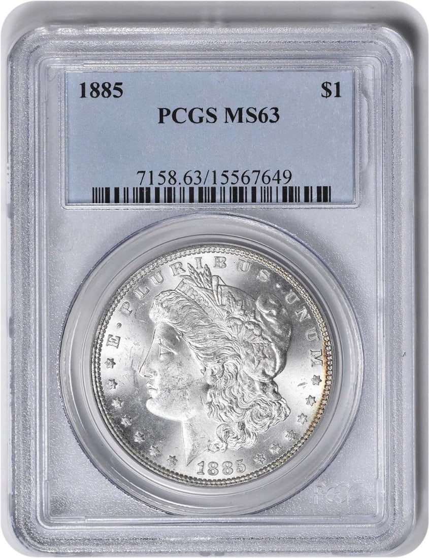 1885 PCGS MS63 Morgan Dollar VAM 1A Silver: 1885 PCGS MS63 Morgan Dollar VAM 1A Silver This 1885 Morgan Silver Dollar is a VAM 1A variety, graded MS63 by PCGS. Struck in silver, this uncirculated coin originates from the United States and does 