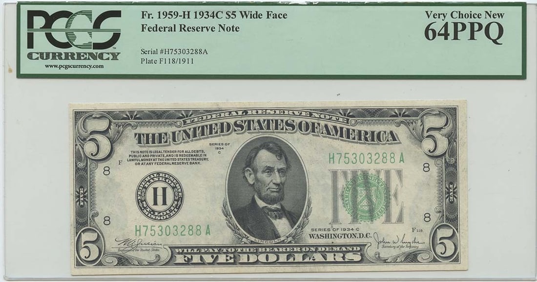 1934 $5 Federal Reserve Note FR#1959-H PCGS 64 Wide Face Uncirculated: 1934 $5 Federal Reserve Note FR#1959-H PCGS 64 Wide Face Uncirculated This 1934 $5 Federal Reserve Note (FR#1959-H) is a remarkable piece for collectors. Graded by PCGS Currency as MS64, it is classif