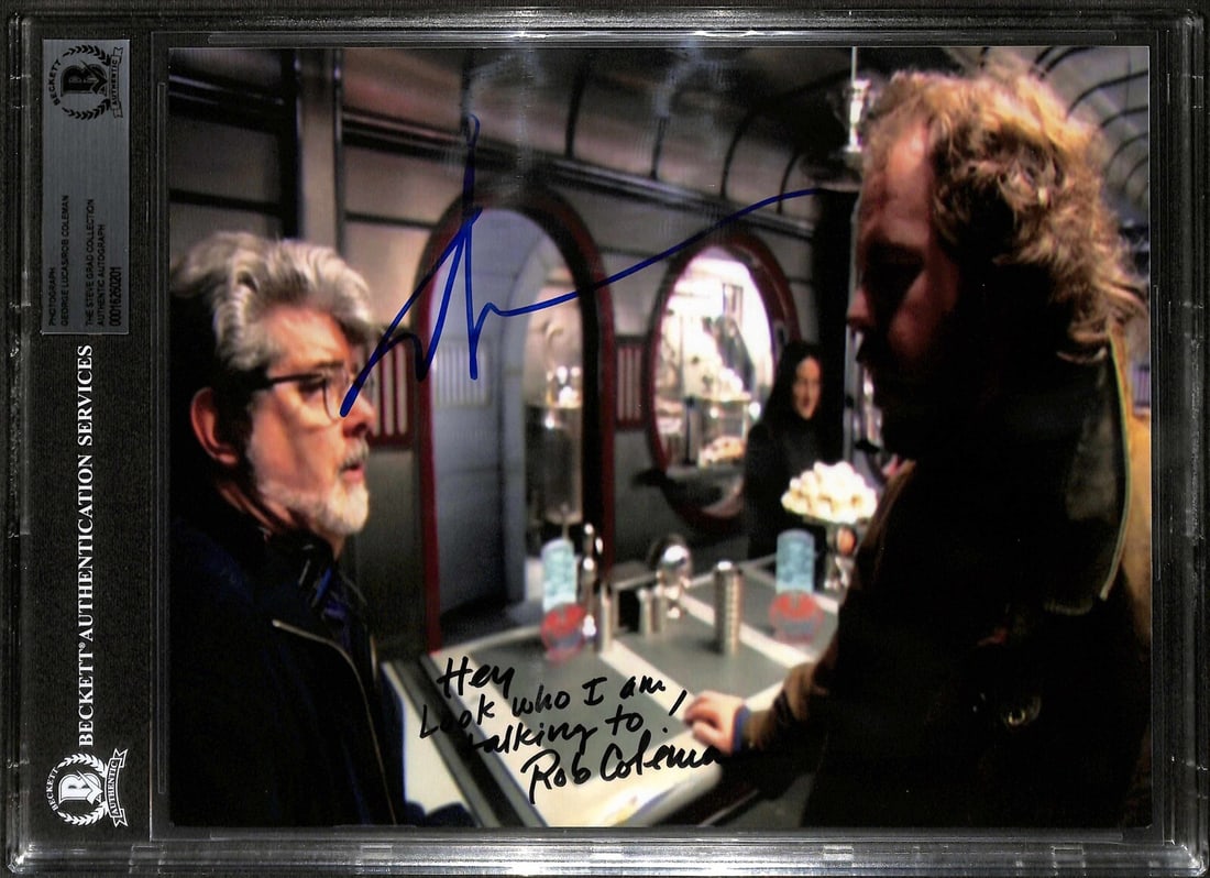 George Lucas Rob Coleman Signed Star Wars AOTC 8x10 Photo Beckett Authenticated: George Lucas Rob Coleman Signed Star Wars AOTC 8x10 Photo Beckett Authenticated This is an original 8x10 photograph featuring the signatures of George Lucas, the creator of Star Wars, and Rob Coleman,