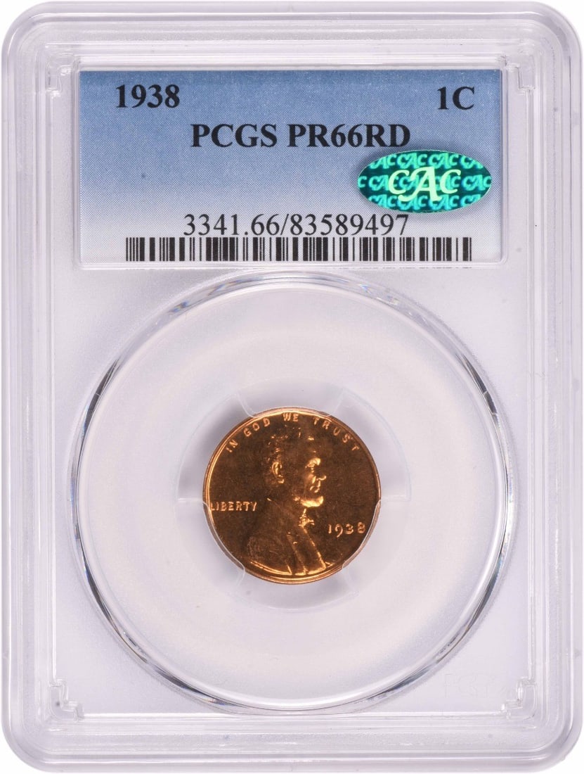 PCGS PR66RD 1938 Lincoln Wheat Proof Copper Cent: PCGS PR66RD 1938 Lincoln Wheat Proof Copper Cent This is a 1938 Lincoln Wheat Cent, graded PR66RD by PCGS and designated as a proof strike. The coin is composed of copper and is uncirculated. It does 