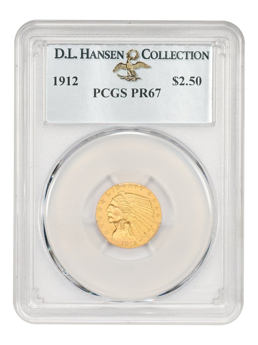 1912 Indian Quarter Eagle $2.50 PCGS PR67 ex D.L. Hansen: 1912 Indian Quarter Eagle $2.50 PCGS PR67 ex D.L. Hansen 1912 $2.50 Indian Head proof coin certified by PCGS as PR67. It is described as an exceptional matte proof with sharply defined design elements
