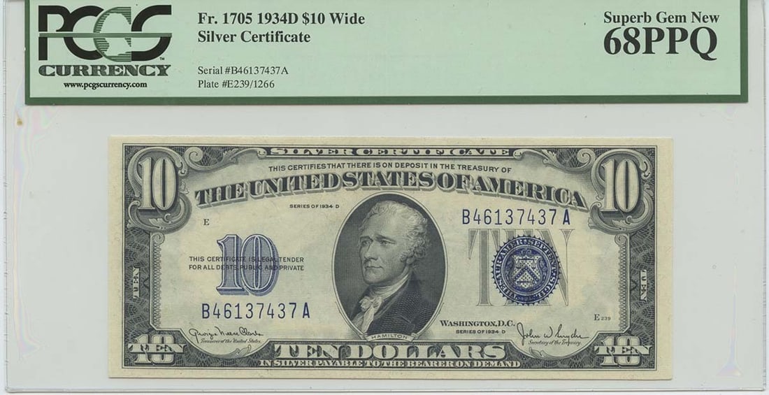 1934D $10 Silver Certificate FR#1705 PCGS 68 Superb Gem PPQ: 1934D $10 Silver Certificate FR#1705 PCGS 68 Superb Gem PPQ This stunning 1934D $10 Silver Certificate, designated as FR#1705, is graded as a Superb Gem with a remarkable MS68 by PCGS Currency. The no