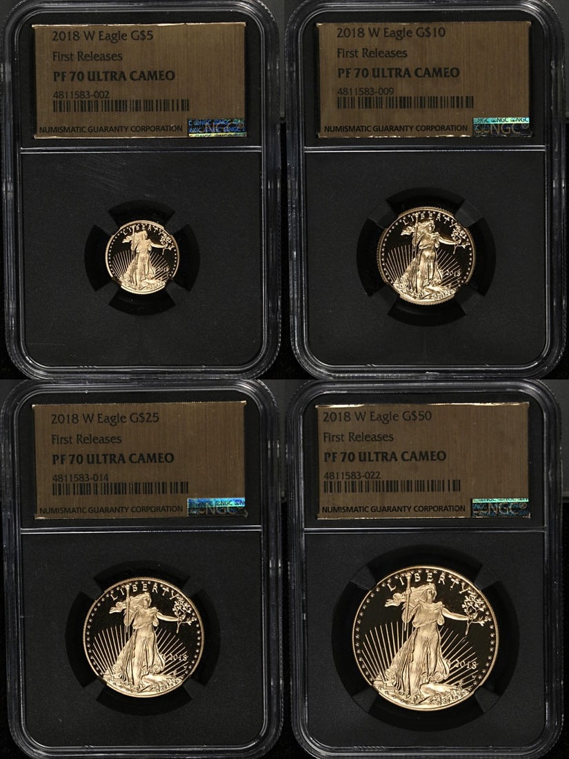 2018-W Gold Eagle Four-Coin Proof Set NGC PF70 Ultra Cameo First Release: 2018-W Gold Eagle Four-Coin Proof Set NGC PF70 Ultra Cameo First Release This 2018-W Gold American Eagle 4 Coin Proof Set features coins graded by NGC as PF70 Ultra Cameo, the highest grade for proof 