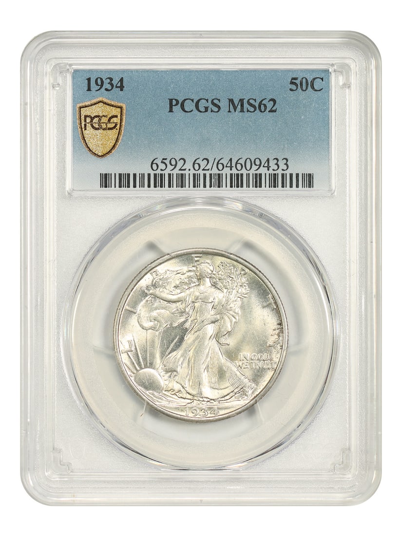 PCGS MS62 1934 Walking Liberty 50C Half Dollar: PCGS MS62 1934 Walking Liberty 50C Half Dollar 1934 Walking Liberty Half Dollar, denomination 50C, struck in Philadelphia and certified by PCGS as MS62. The coin is uncirculated and offered in pre-own