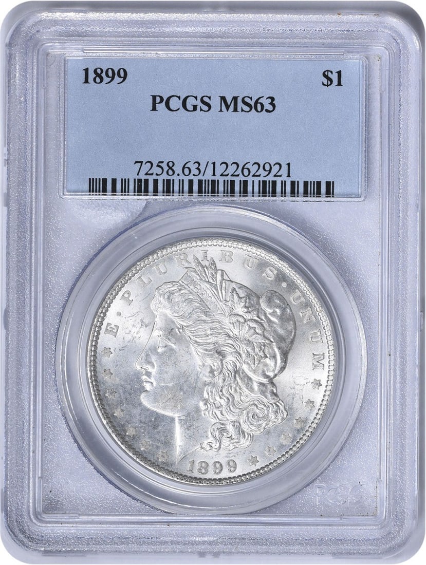 1899 Morgan Silver Dollar MS63 PCGS Uncirculated Coin: 1899 Morgan Silver Dollar MS63 PCGS Uncirculated Coin This 1899 Morgan Silver Dollar, graded MS63 by PCGS, is a stunning example of American coinage. Featuring a 90% silver and 10% copper composition,