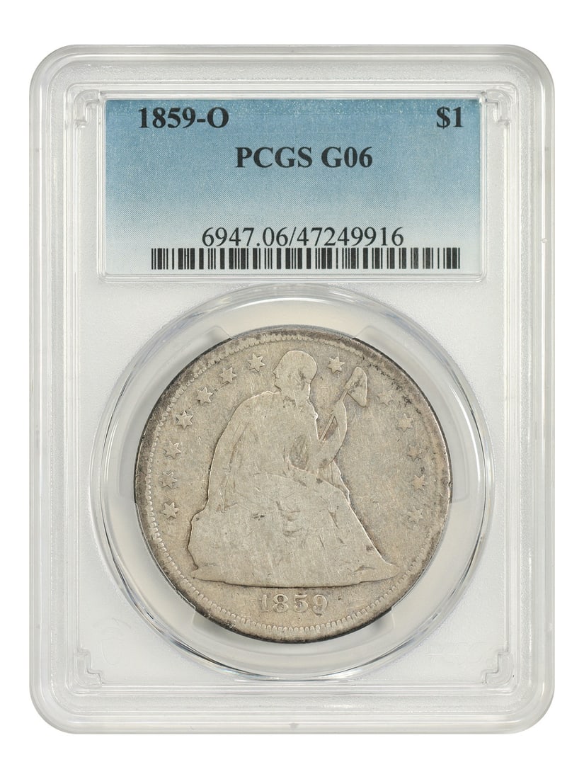 Liberty Seated Dollar 1859 O Mint PCGS Good 06 $1 Coin: Liberty Seated Dollar 1859 O Mint PCGS Good 06 $1 Coin 1859-O $1 Liberty Seated Dollar certified by PCGS and dated 1859 from the New Orleans Mint. The coin is circulated and described as pre-owned, of