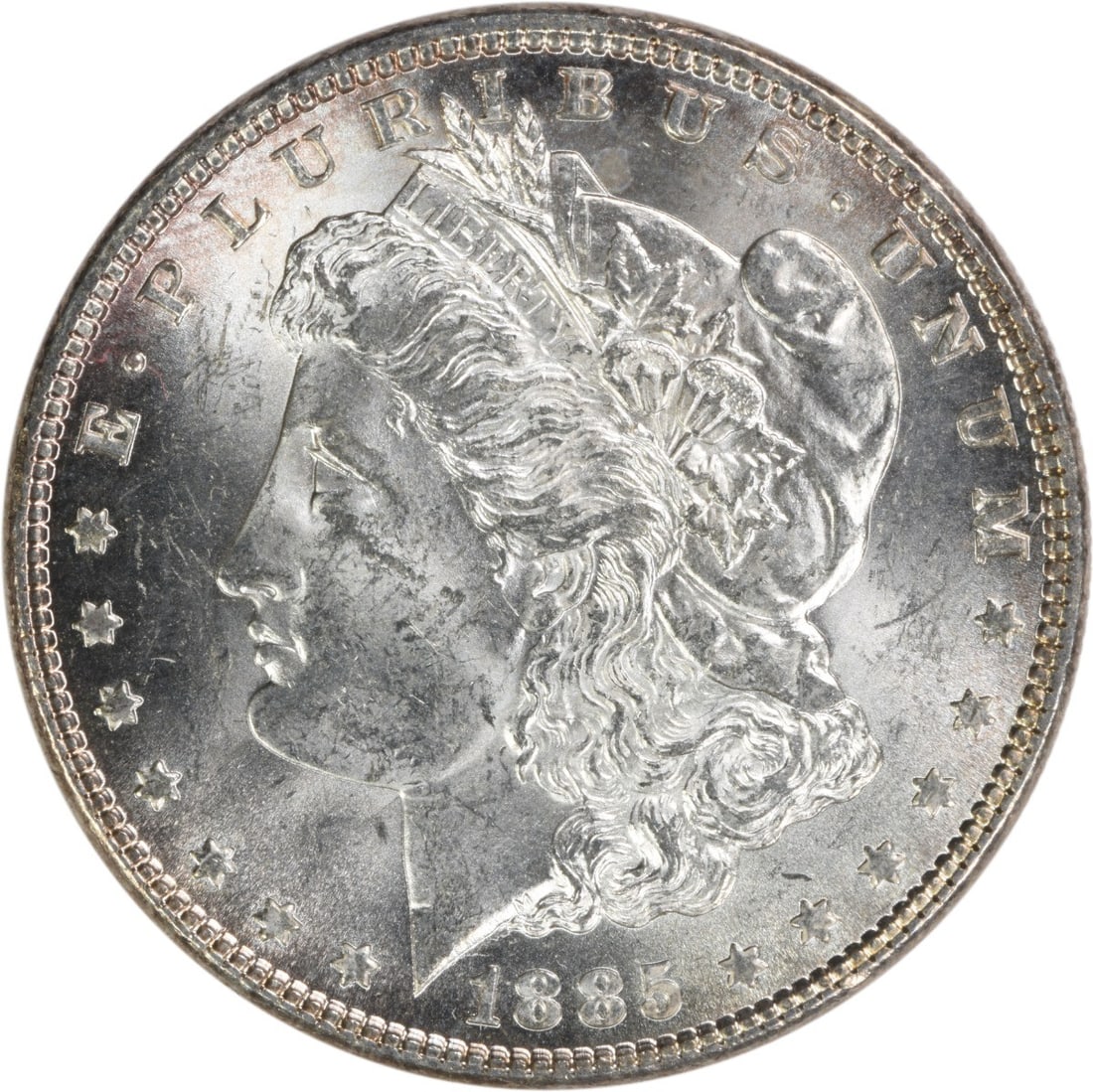 Uncirculated 1885 Silver Morgan Dollar Choice BU No Mint Mark: Uncirculated 1885 Silver Morgan Dollar Choice BU No Mint Mark This 1885 Morgan Silver Dollar is a Choice Brilliant Uncirculated (BU) coin. It is uncertified and features no mint mark. Composed of silv