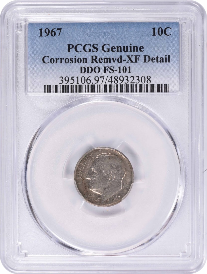 1967 Roosevelt Dime DDO FS-101 Genuine PCGS Certified Circulated Coin: 1967 Roosevelt Dime DDO FS-101 Genuine PCGS Certified Circulated Coin This 1967 Roosevelt Dime features the distinctive design by John R. Sinnock and has been certified by PCGS. The coin is circulated