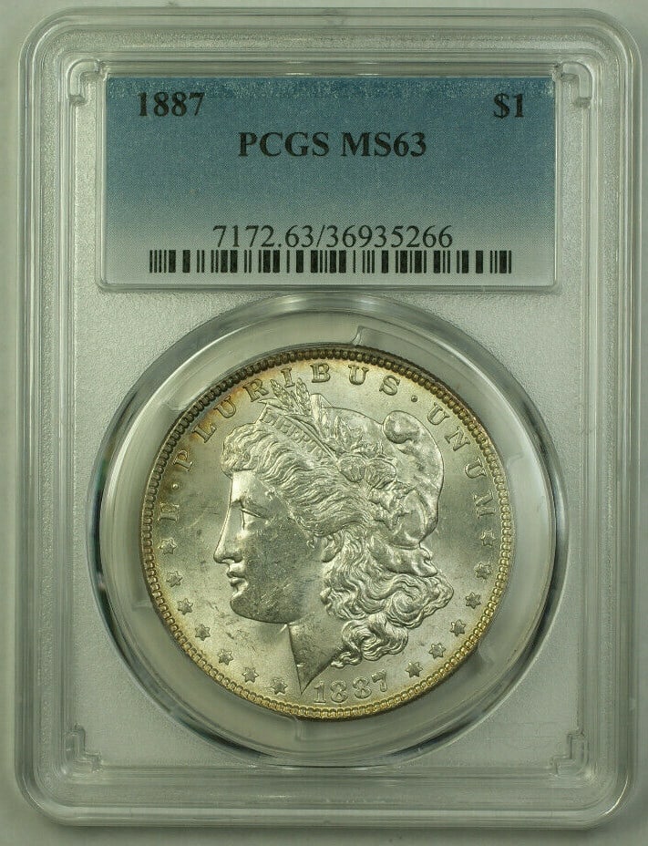 PCGS MS63 1887 Dollar Morgan Silver Coin Philadelphia Mint: PCGS MS63 1887 Dollar Morgan Silver Coin Philadelphia Mint This 1887 Morgan Silver Dollar is a $1 coin from the United States, minted in Philadelphia. The coin is composed of silver with a fineness of